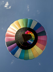 Image showing Hot air balloon floating directly overhead