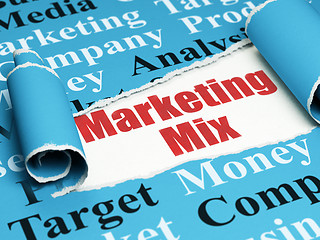 Image showing Advertising concept: red text Marketing Mix under the piece of  torn paper