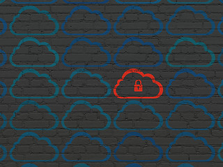 Image showing Cloud networking concept: cloud with padlock icon on wall background
