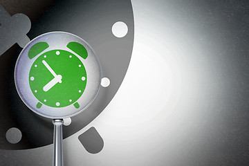 Image showing Timeline concept:  Alarm Clock with optical glass on digital background