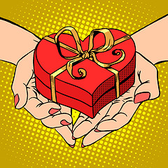 Image showing Woman palm shape red heart gift box Valentines day
