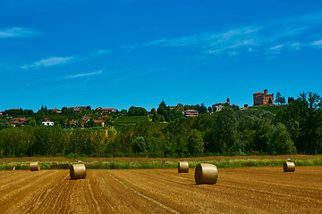 Image showing big roll harvested straw on the mown field 