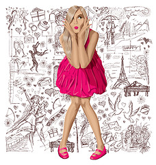 Image showing Blonde In Pink Dress Against Love Background