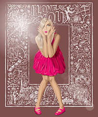 Image showing Blonde In Pink Dress Against Love Background