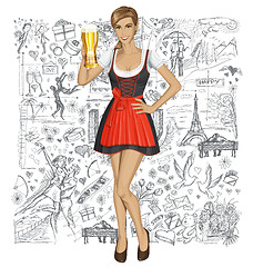 Image showing Vector Cute Woman In Drindl With Beer Against Love Background