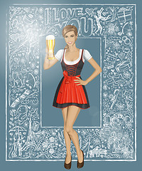 Image showing Vector Cute Woman In Drindl With Beer Against Love Background