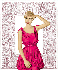 Image showing Vector Surprised Blonde in Pink Dress Against Love Background