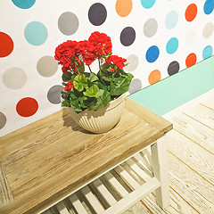 Image showing Red geraniums decorating a room