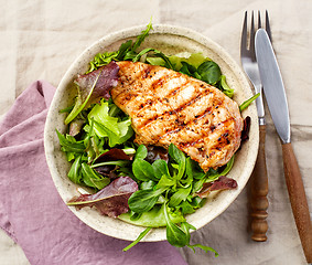 Image showing Bowl of green salad and grilled chicken fillet