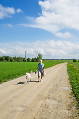 Image showing Woman with a dog goes on a country road  