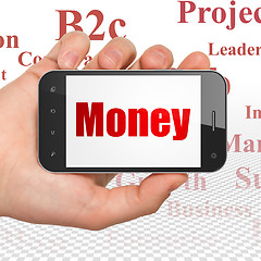 Image showing Business concept: Hand Holding Smartphone with Money on display