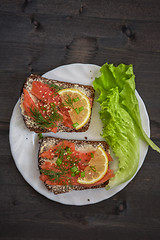 Image showing Sandwich with salmon for breakfast