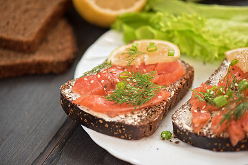 Image showing Sandwich with salmon for breakfast