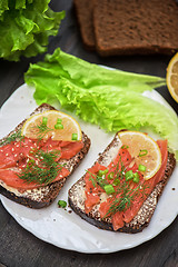 Image showing Sandwich with salmon for breakfast