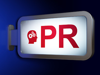 Image showing Advertising concept: PR and Head With Gears on billboard background