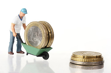 Image showing Miniature worker drives euro coins