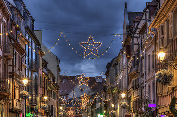 Image showing Night Decorated Street in Winter in Colmar