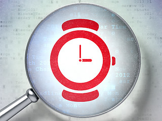 Image showing Time concept: Hand Watch with optical glass on digital background