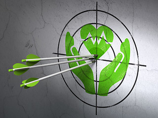 Image showing Insurance concept: arrows in Heart And Palm target on wall background