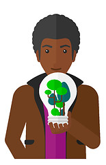 Image showing Man with lightbulb and trees inside.