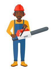 Image showing Cheerful lumberjack with chainsaw.