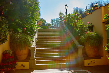 Image showing Brown concrete stair in city garden. 