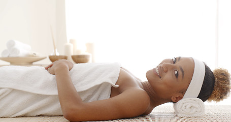 Image showing Smiling Female Enjoying Spa Therapy