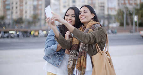 Image showing Two gorgeous women posing for a selfie