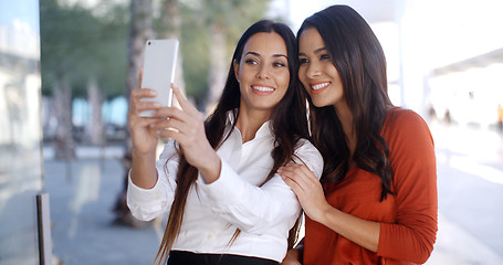 Image showing Gorgeous stylish young women pose for a selfie