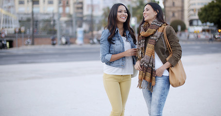 Image showing Two stylish women chatting outdoors in a town