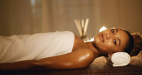 Image showing Girl In A Towel Lies On Massage Table