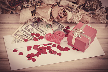 Image showing valentine concept with hearts, dry roses and