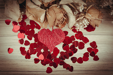 Image showing bouquet of dried roses and red box, valentine