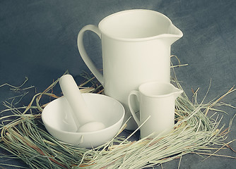 Image showing White porcelain set on a gray background