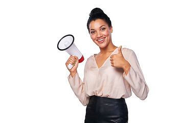 Image showing Woman hold loudspeaker