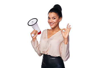 Image showing Woman hold loudspeaker