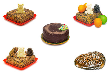 Image showing Chocolate cake and fruit on white background ( collage ).