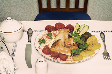 Image showing Baked fish and vegetables . The view from the top.