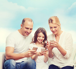 Image showing happy family with smartphones