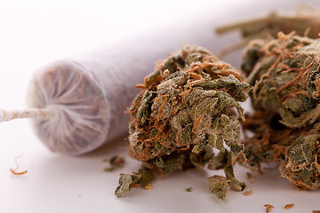 Image showing Close up of dried marijuana leaves and joint