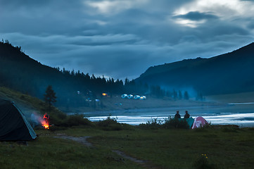 Image showing People on spending night on Akkem lake. Russia