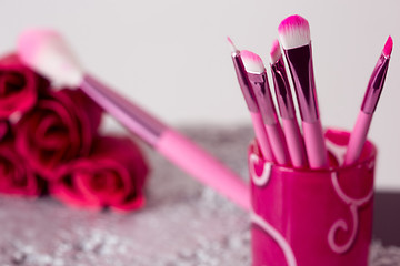 Image showing close-up pink professional cosmetic brush 