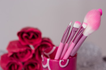 Image showing close-up pink professional cosmetic brush 