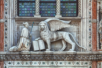 Image showing Winged lion on facade of the bell tower at San Marco square in V