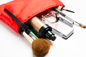 Image showing close up of cosmetic bag with makeup stuff