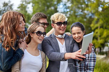 Image showing students or teenagers with tablet pc taking selfie