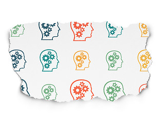 Image showing Marketing concept: Head With Gears icons on Torn Paper background