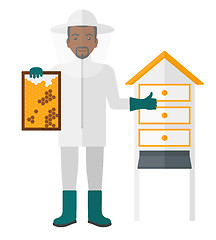 Image showing Bee-keeper at apiary.