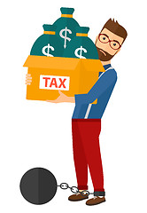 Image showing Chained man with bags full of taxes. 