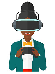 Image showing Woman in oculus rift and console in hands.